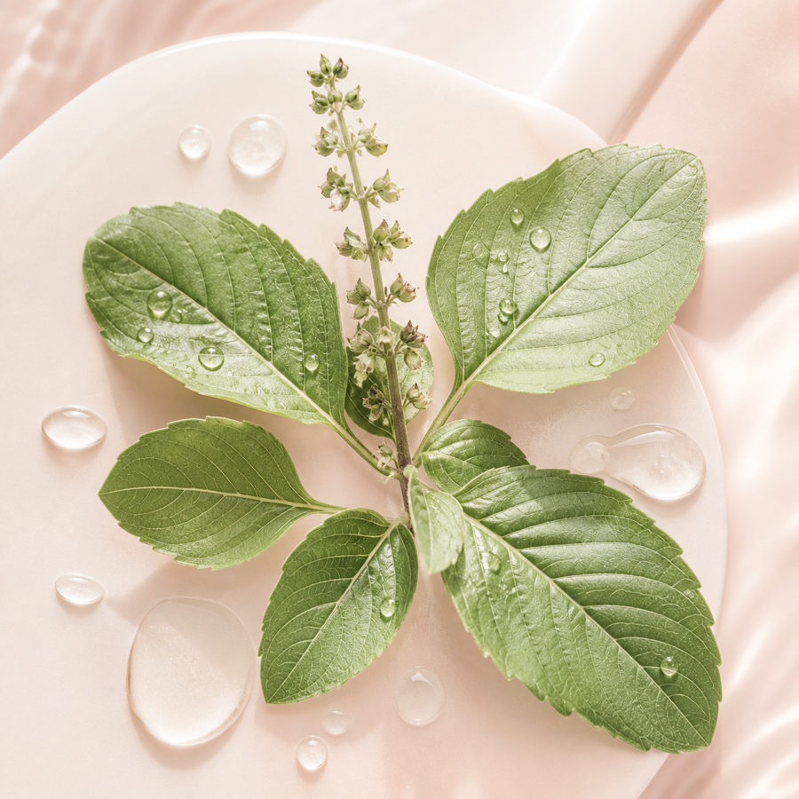 Holy basil bladeren met heldere serumdruppels